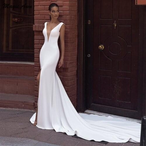 Magic Awn Simple Mermaid Wedding Dresses V-Neck Front Split Open Back Boho Wedding Party Gowns Cheap Robe De Mariage