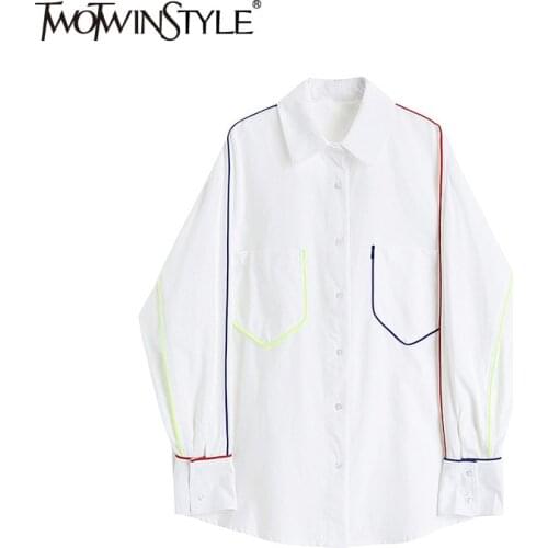 TWOTWINSTYLE Casual Korean Minimalist Shirts For Women Lapel Long Sleeve Straight Patchwork Blouse Female Stylish Spring Clothes