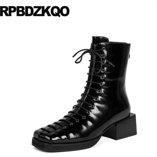 Square Toe Ankle Black Short Lace Up Boots Waterproof Designer Shoes Women Luxury 2021 Patent Leather Strange Fall Retro Chunky