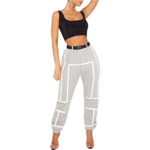 Female Gray Pants Reflective Stripe High Waist Casual Trousers Sweatpants for Women