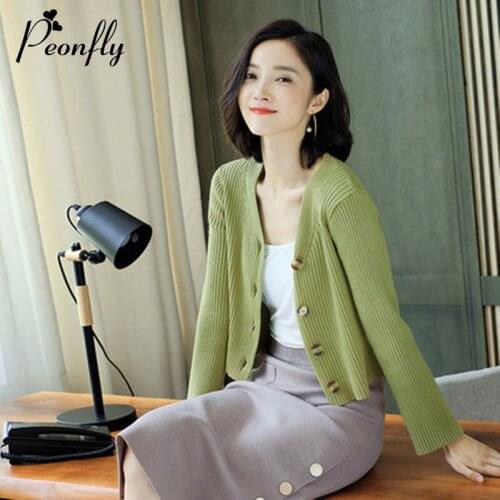 PEONFLY Korean Style Long Sleeve V Neck Cardigan Women New 2020 Spring Tops Sweater Fashion Blue Green Mujer Casual Sweater