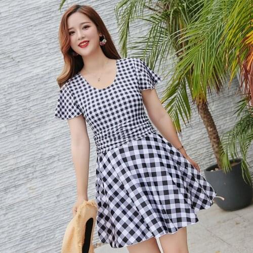 2019 Korean Women One Piece Swimsuit Sexy Bathing Suit Plus Size With Padded Black Retro Plaid Skirt Runched Waist Slimming Suit