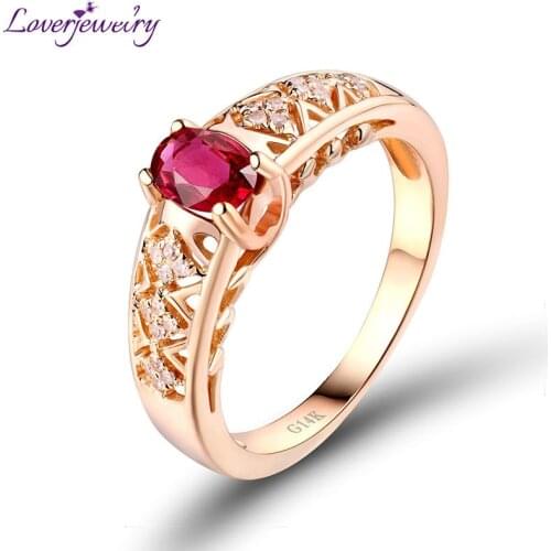 LOVERJEWELRY Classical Rings Oval Shape Gemstone Solid 14K Rose Gold Diamond Wedding Red Ruby Ring For Women Gift Wedding Bands