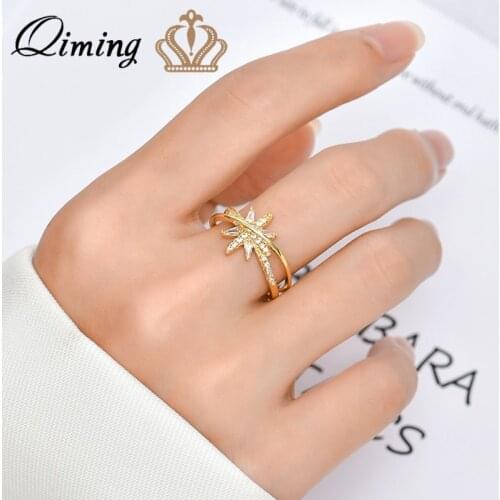 QIMING Hexagram Zircon Crystal Ring For Women Star Of David Fashion Jewelry Star Rings Dress Gift Accessories