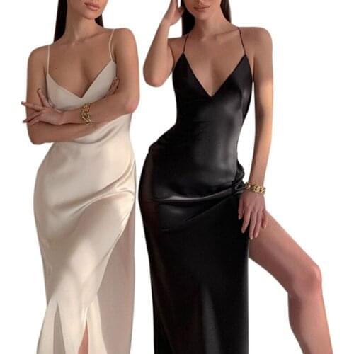 Women Camisole Dress with Side Split, Sexy Deep V-neck Backless Design Summer Clothing 2021 Evening Party