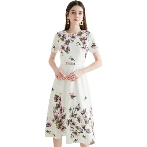 Summer Elegant Floral Print Boho Mid Dress Women Short Sleeve O-Neck Temperament Vintage Party Beach White Vestidos k5116
