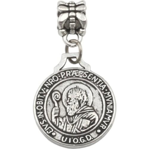 100pcs/lot Dangle Zinc alloy Saint Benedict Da Norcia Medal Cross Patron Charm Big Hole Bead Fit European Charm Bracelet