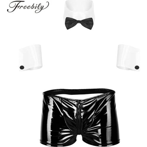 3Pcs Mens Roleplay Costume Lingerie Set Low Rise Zipper Bulge Pouch Open Butt Boxer Briefs Underwear Panties + Collar + Cuffs