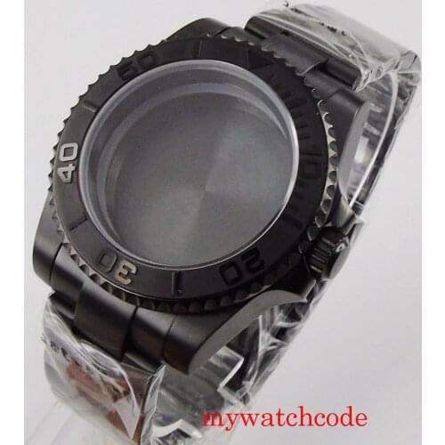 40mm black PVD plated men watch case fit NH35 NH36 automatic movement sapphire glass stainless steel watch bracelet
