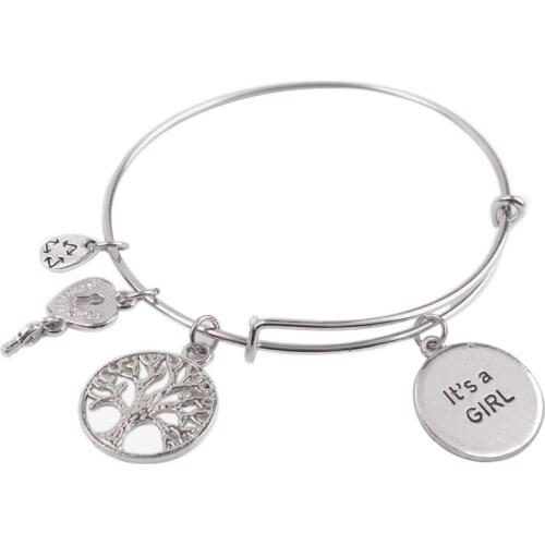 5PCS Expandable Wire Bangle alloy round Its a GIRL Charm Bracelet #92120