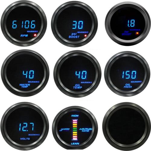 52mm Car Digital Tachometer Turbo Boost Gauge PSI BAR Water Temp Oil Temp Oil Pressure Gauge Voltmeter Rpm Meter Warning Light