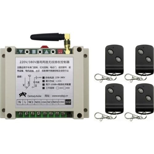 AC220V 250V 380V 30A 2CH RF Wireless Remote Control Switch Transmitter with Two-button Receiver for Appliances Gate Garage Door