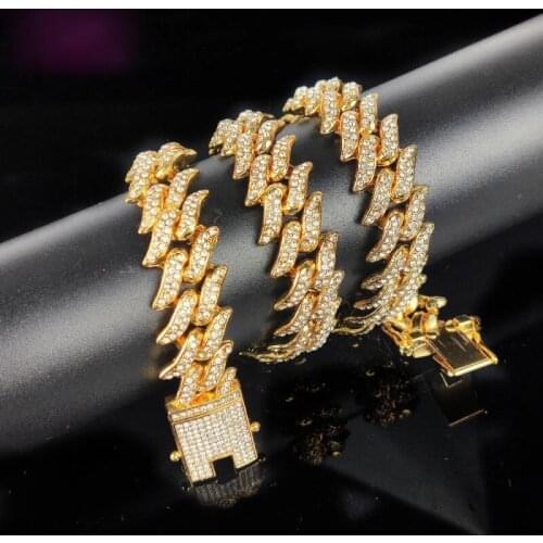 12mm Leaves Iced Out Paved Rhinestones Full Miami Cuban Chain Necklaces Women Men Jewelry