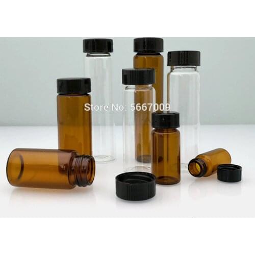 10pcs/lot 3ml 5ml 10ml 15ml 20ml 30ml 40ml 50ml (Clear/ brown) Glass Seal Bottle Reagent Sample Vials With Plastic Lid Screw Cap