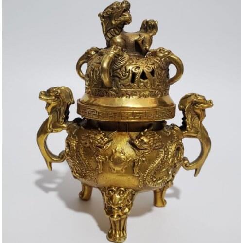 China brass Two dragon play beads incense burner crafts statue