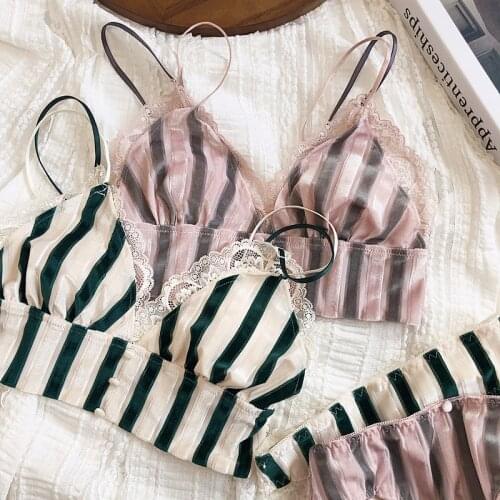 Striped velvet bra set no steel ring triangle cup thin underwear set lace bralette women sexy wire free lingerie briefs suit