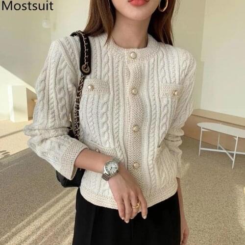 Korean Vintage Elegant Twisted Knitted Cardigans Sweaters Women 2020 Autumn Long Sleeve Single-breasted Pearl Buttons Tops Femme