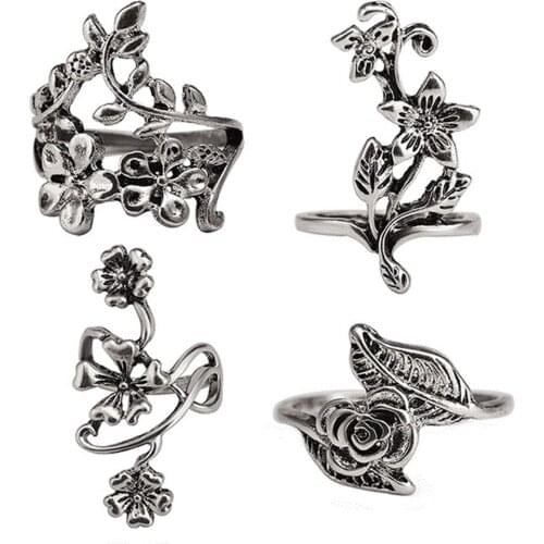 Retro Three-dimensional Flower And Leaf 4 Piece Combination Ring Set For Female Girl Jewelry Accessories