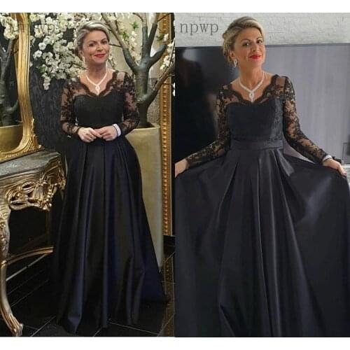 YiMinpwp Black Mother of The Bride Dresses V Neck Backless Long Sleeve Floor Length A Line Appliques Women Wedding Guest Gown