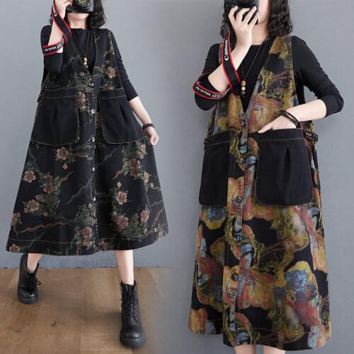 Retro Denim Print Dress Women Spring Loose Large Size Long Vest Big Pocket Female Sleeveless Dress Jeans Tunic Jaqueta y1169