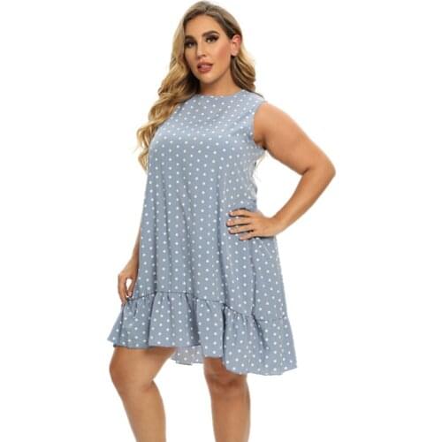 Plus Size Dresses Women Clothing Summer 2021 European American Explosive Blue Retro Polka Dot Fashion Ruffled Holiday Dress
