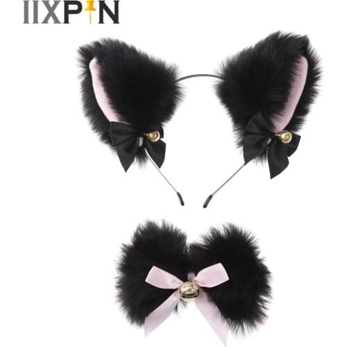 Cartoon Cat Fox Ear Bell Headband Bow Choker Collar Neckwear Lolitas Maid Anime Cosplay Costume Sets for Women Girls Party Gift