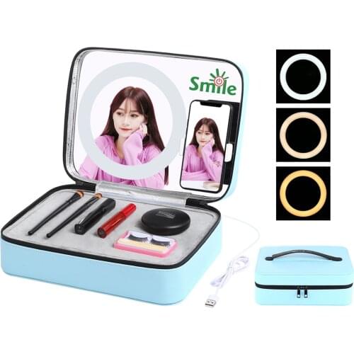 PULUZ 20cm 7.9 inch 3 Modes Touch Adjustable Ring Light Multifunctional Live Broadcast Makeup Mirror Cosmetic Storage Box Bag
