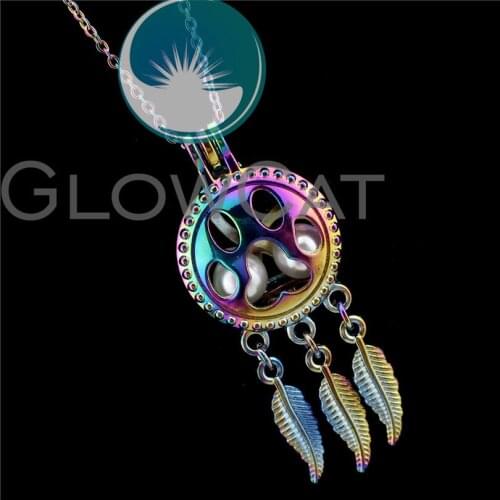 R-C706 Rainbow Color Cat Paw Print Dreamcatcher Beads Cage Pendant Perfume Diffuser Aromatherapy Pearl Cage Locket Necklace