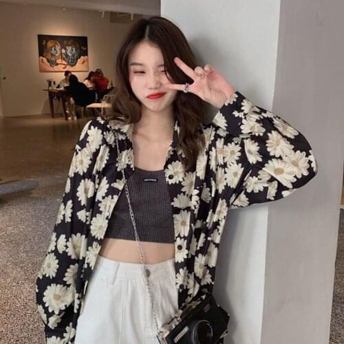 Summer Autumn Women Shirt Daisy Flowers Printed Blouse Loose All-match Turn-down Collar Retro Casual Female Tops