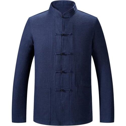 Blue middle-aged Chinese tunic suit mens jacket men blazer Cotton linen coats mens Tang suit Chinese style stand collar autumn