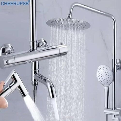 Thermostatic Bathroom Shower Set Wall Mounted Rain Fall Shower System Round Disc Chrome Bath Faucet with Bidet Sprayer Luxury