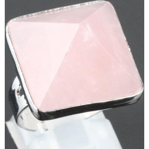 TUMBEELLUWA Pyramid Flared Point Pink Quartz Crystal Healing Chakra Stone Adjustable Finger Ring