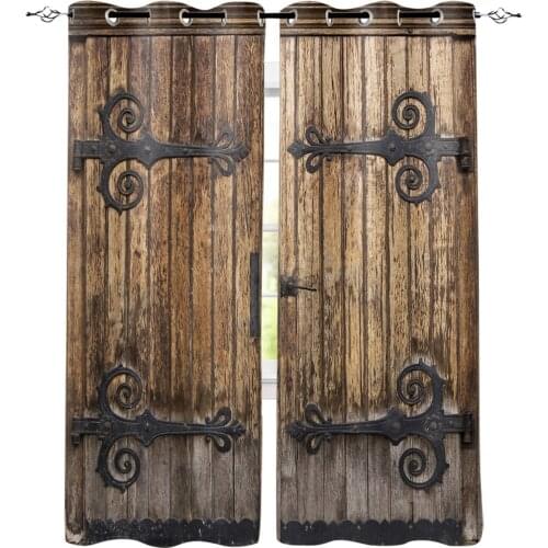 Vintage Farm Wood Door Rustic Printed Window Curtains Living Room Bedroom Curtains Polyester Cloth Home Decor