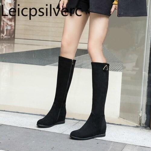 Womens Boots Autumn And Winter New Round head zipper Metal Decoration Wedge mid heel High tube Womens shoes plus size 33-43