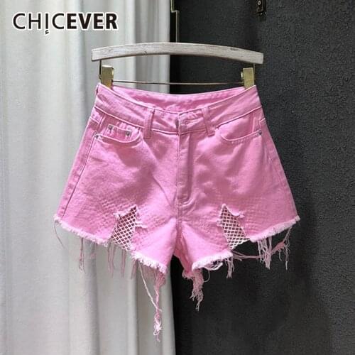 CHICEVER Solid Patchwork Tassel Hole Womens Denim Shorts High Waist Mesh Denim Mesh Loose Short For Female Clothing 2021 Styles