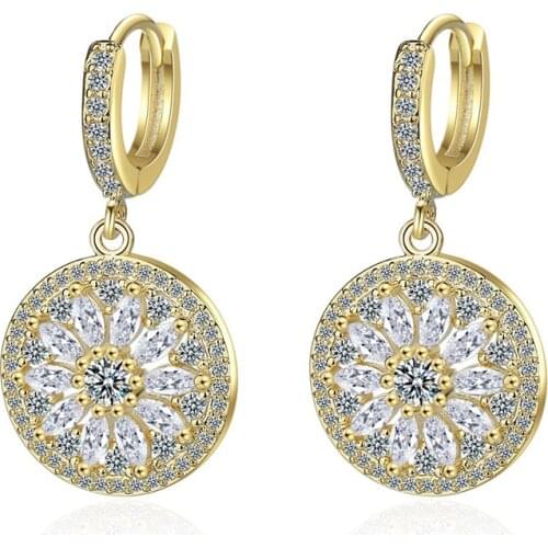 Womens Fashion Luxury Round Sunflower Drop Earrings Shiny Crystal Golden/White Huggies Dangle Earring Piercing Jewelry Gifts