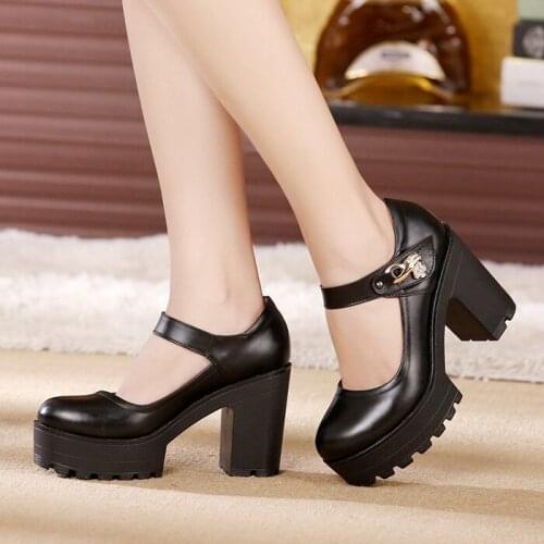 2019 spring new thick-soled womens shoes shallow mouth black buckle thick with womens shoes waterproof platform round head