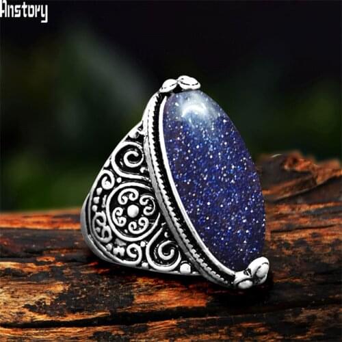 Irregular Eye Shape Dark Blue Sequins Stone Rings For Women Flower Band Stone Ring Real Antique Silver Plated Fashion Jewelry