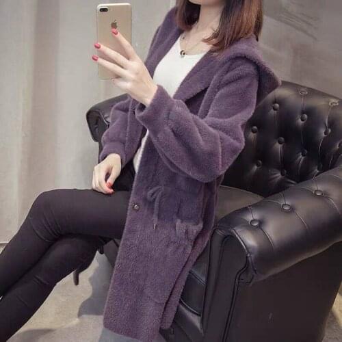 Women 2020 Fashion Faux Mink Fur Coat Female Loose Casual Hooded Sweater Cardigans Ladies Long Sleeve Outwear With Sashes Z200