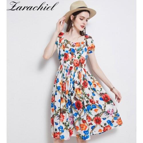 Elegant Prairie Chic Female Beach Vestidos Summer Puff Sleeve Square Sleeve Beaded Petel Buttons Flower Print A-line Midi Dress