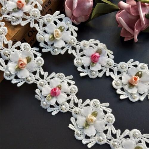 1yard White Pearl Colorful Flower Embroidered Lace Trim Applique Trimming Ribbon Fabric Sewing Craft Handmade Wedding Decoration