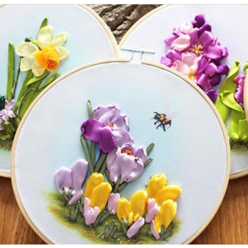 20x20cm with bamboo hoop Rose swan Ribbon embroidery kit stain painting set handcraft kit DIY handmade needlework art home decor