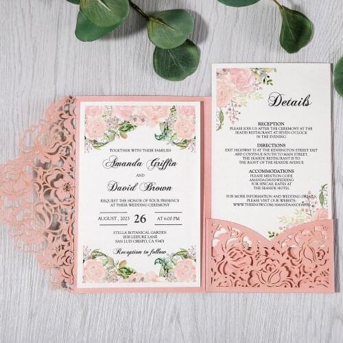 50pcs Pink Laser Cut Floral Invitation Cards for Wedding / Party / Quinceanera / Anniversary / Birthday, CW0008