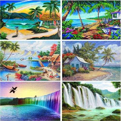 5D DIY Art DiamondPainting Seaside Cottage and LandscapePattern Diamond Mosaic Full Embroidery Cross Stitch Home Decoration Gift