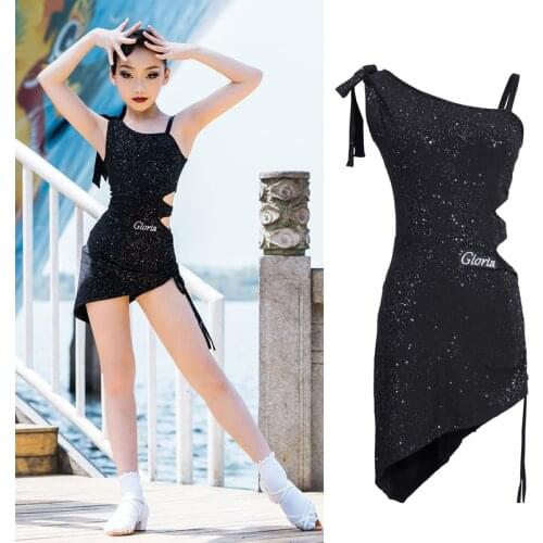 Shiny Latin Dance Dress For Girls Black Designer Clothes Salsa Dancing Outfit Stage Costume Summer Dress Tap Dance Wear DL7772