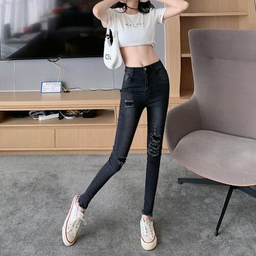 Black Hole Ripped Skinny Korean Vintage Clothes WomenS High Waist Trousers Fashion Jeans Pants For Girls Streetwear 2021 Autumn