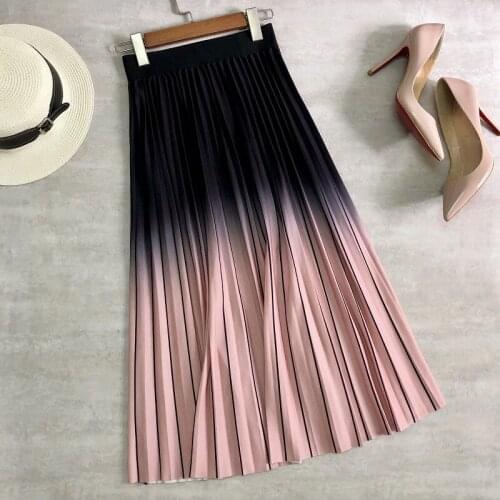 Women Midi Skirts Gradient Color Striped Printing Pink Long Skirt High Waist Korean Casual Style A-line Skirts QZ0238