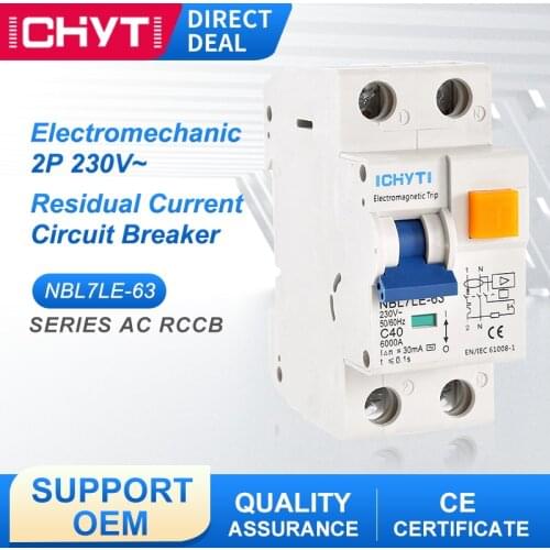 ICHYTI NBL7LE-63 2P 63A 30mA 6KA RCCB 230V Electromechanic Residual Current Circuit Breaker Differential Breaker Safety Switch