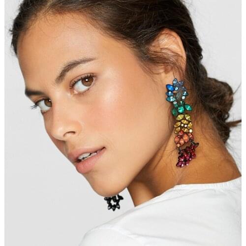 LEADERBEADS Rainbow Color Crystal Long Drop Earrings For Womens Statement Pendientes Jewelry Multicolored Dangle Earrings