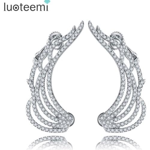 LUOTEEMI 2016 New Design White Gold-Color Cubic Zirconia Luxury Angel Wings Cartilage Cuff Earrings For Women Sexy Bar Jewelry
